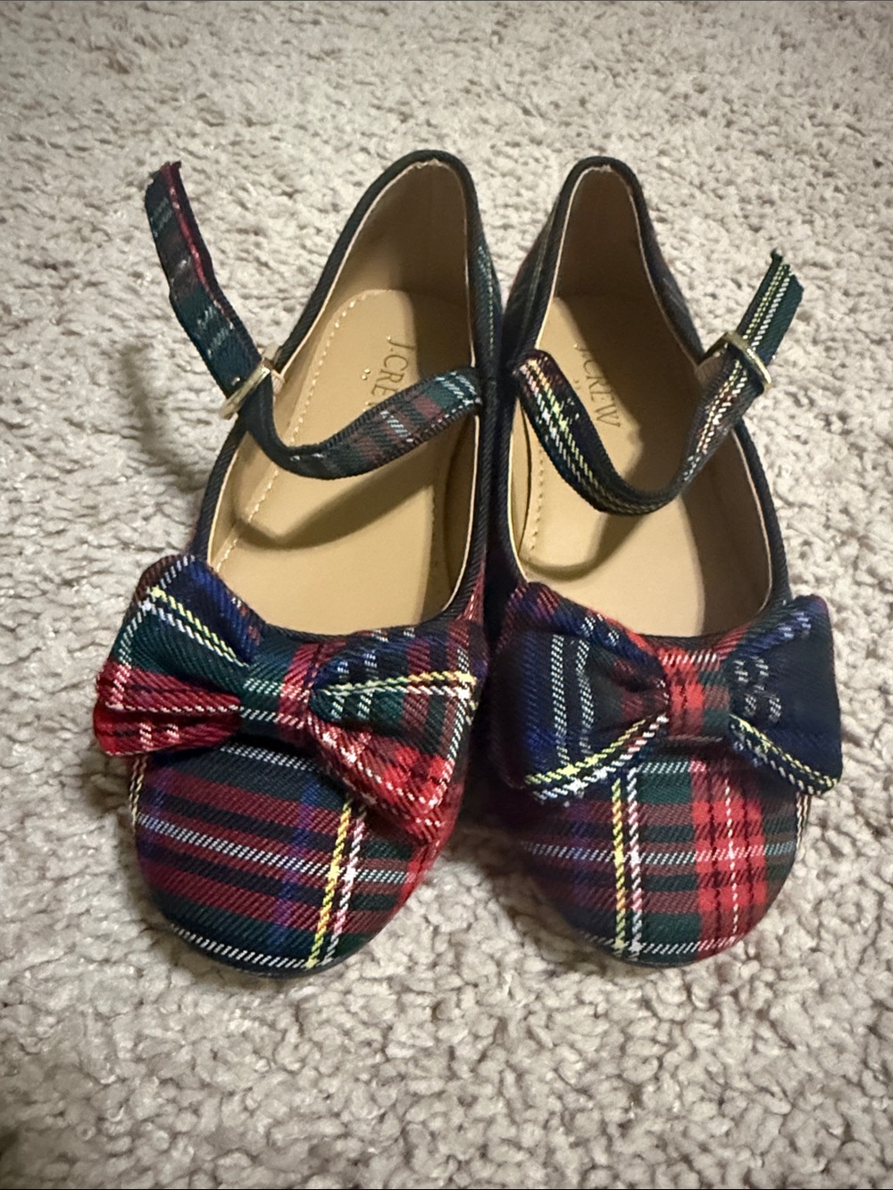 J. Crew Girls' Plaid Bow Mary Janes in Red and Green-NEVER WORN